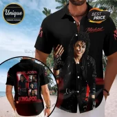 Michael Jackson Black Short Sleeve Button-Down Shirt featuring his portrait, signature, and King of Pop graphic design.