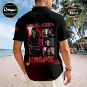 Michael Jackson Black Short Sleeve Button-Down Shirt featuring a photo collage of the singer on a beach background.