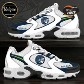 Minnesota Lynx Personalized White Navy Air Max Plus Sneakers featuring team logo, mesh upper, and custom name placement.