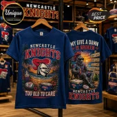 Newcastle Knights Mascot Royal Blue T-Shirt front and back views featuring a beach theme, surfboards, and tropical graphics.