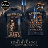 Ozzy Osbourne 9/11 Memorial Tribute T-Shirt featuring a portrait of Ozzy, twin towers, and the number 343 on the back.