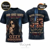Ozzy Osbourne 9/11 Memorial Tribute T-Shirt featuring front print with portrait and back print with 343 and flag graphic.