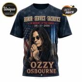 Ozzy Osbourne 9/11 Memorial Tribute T-Shirt featuring Ozzy with hands clasped, US flag background, and twin light beams.