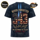Ozzy Osbourne 9/11 Memorial Tribute T-Shirt in black featuring 343 graphic with American flag pattern and patriotic text.