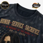 Ozzy Osbourne 9/11 Memorial Tribute T-Shirt in acid-wash black featuring red text honoring service and sacrifice.