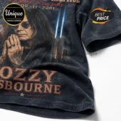 Ozzy Osbourne 9/11 Memorial Tribute T-Shirt featuring Ozzy praying before Twin Tower light beams on charcoal mineral wash.