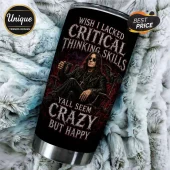 Ozzy Osbourne Gothic Skull Tumbler featuring Ozzy in a leather jacket with text about critical thinking skills.