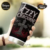 Ozzy Osbourne Gothic Skull Tumbler featuring a cross, bats, and red floral motifs on a black stainless steel finish.