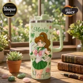 Personalized Sailor Jupiter Anime Stainless Steel Tumbler in light green featuring Makoto Kino, a name tag, and straw lid.
