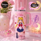 Personalized Sailor Moon Pink Stainless Steel Tumbler featuring anime character graphics, stars, and a name on a pink cup.
