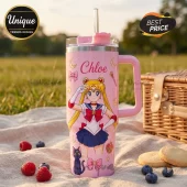 Personalized Sailor Moon pink stainless steel tumbler with custom Chloe name, character graphic, and reusable clear straw.
