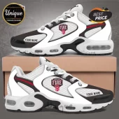Portland Fire WNBA Personalized Air Max Plus Sneakers in white and black with team logos and custom name text fields.