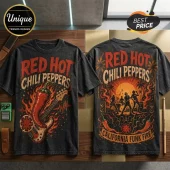 Red Hot Chili Peppers California Funk Fire T-Shirt showing front chili and guitar graphic and back concert stage art.