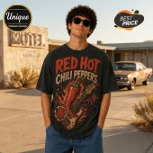 Red Hot Chili Peppers California Funk Fire T-Shirt featuring a red chili pepper guitar graphic on a black cotton tee.