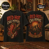 Red Hot Chili Peppers California Funk Fire T-Shirt featuring a front chili guitar graphic and back concert stage design.