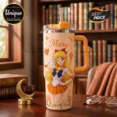Sailor Venus Mary Name 40oz Handle Tumbler featuring yellow anime character art, heart motifs, and name print on a desk.