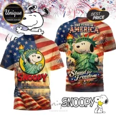 Snoopy 250 Years of America Independence T-shirt featuring Statue of Liberty imagery and US flag pattern graphics.