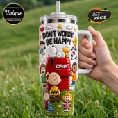 Snoopy and Friends Don't Worry Be Happy 3D tumbler with a red doghouse, characters, and custom name text on white background.
