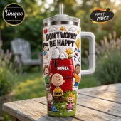 Snoopy and Friends Don't Worry Be Happy 3D tumbler with characters on a white background, featuring a handle and straw.