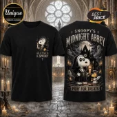 Snoopy Blessed and Spooky Halloween 2026 shirt featuring a black cotton tee with gothic abbey graphics and candle icons.