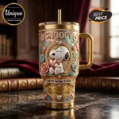 Snoopy Gold Mother's Day 40oz Tumbler with floral, rhinestone, and gold accents featuring Snoopy holding a pink heart.