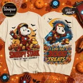 Snoopy Iron Man Stark Halloween T-shirt showing cartoon Snoopy in armor with pumpkins, bats, and text on beige fabric.