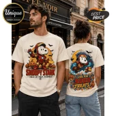 Snoopy Iron Man Stark Halloween T-Shirt featuring Snoopy in red armor, flying, pumpkins, bats, and festive movie slogans.