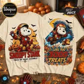 Snoopy Iron Man Stark Halloween T-Shirt with graphic print of cartoon dog in red armor, pumpkins, and spooky night sky.