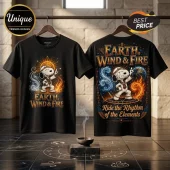Snoopy x Earth, Wind & Fire Black T-Shirt featuring Snoopy in a white suit with elemental fire and water graphic prints.