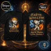 Snoopy x Earth, Wind & Fire Black T-Shirt featuring Snoopy in a space suit with fire and cosmic blue energy accents.
