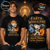 Snoopy x Earth, Wind & Fire Black T-Shirt featuring Snoopy in an Egyptian-style outfit with elemental fire and water art.