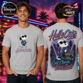 Snoopy x Hall and Oates Retro Heather Gray T-Shirt showing Snoopy in sunglasses, denim jacket, and retro neon city graphic.