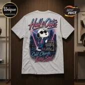 Snoopy x Hall and Oates Retro Heather Gray T-Shirt featuring Snoopy with a boombox and neon city skyline graphic.