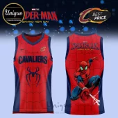 Spider-Man x Cleveland Cavaliers 2026 Basketball Jersey featuring red and navy webbing patterns with team and hero branding.