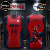 Spider-Man x Philadelphia 76ers red basketball jersey featuring team lettering, spider web graphics, and character art.