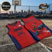 Spider-Man x Philadelphia 76ers red basketball jersey with web patterns and superhero graphics on a concrete court.