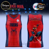 Spider-Man x Philadelphia 76ers Red Basketball Jersey featuring blue trim, spiderweb pattern, and Marvel branding.