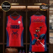 Spider-Man x Philadelphia 76ers red basketball jersey with front 76ers logo and back Spider-Man character graphic print.