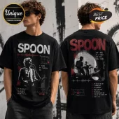 Spoon I Turn My Camera On T-Shirt 2026 featuring band graphics, distressed black cotton, and white tracklist typography.