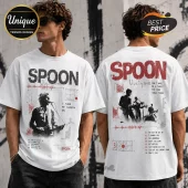 Spoon I Turn My Camera On T-Shirt 2026 featuring band graphics, song lists, and distressed typography on white cotton fabric.