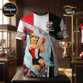 St Kilda Football Club Mascot T-Shirt with angel caricature, team colors, and custom name panel on a professional display.