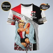 St Kilda Football Club Mascot T-Shirt featuring a cartoon winged mascot, red black and white colors, and team logo graphic.