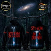 System Of A Down Faith No More Australia Tour 2027 Hoodie featuring red band text, galaxy graphics, and a human silhouette.