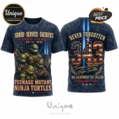 Teenage Mutant Ninja Turtles 9/11 Tribute Navy T-Shirt featuring front and back graphics with patriotic imagery and text.