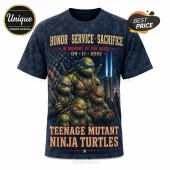 Teenage Mutant Ninja Turtles 9/11 Tribute Navy T-Shirt featuring the turtles, American flag, and twin towers graphic art.