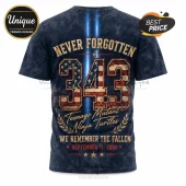 Teenage Mutant Ninja Turtles 9/11 Tribute Navy T-Shirt featuring the number 343, American flag texture, and memorial text.