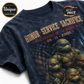 Teenage Mutant Ninja Turtles 9/11 Tribute Navy T-Shirt features the four turtles against a faded American flag background.