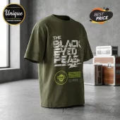 The Black Eyed Peas Bridging The Gap T-Shirt in olive green featuring white distressed graphic text and a monkey logo icon.