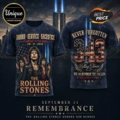 The Rolling Stones 9/11 Remembrance Tribute T-Shirt featuring band portraits, US flag graphics, and 343 fallen hero text.