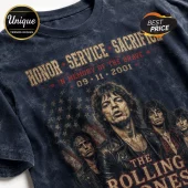 The Rolling Stones 9/11 Remembrance Tribute T-Shirt in acid wash black with band members and American flag graphic print.